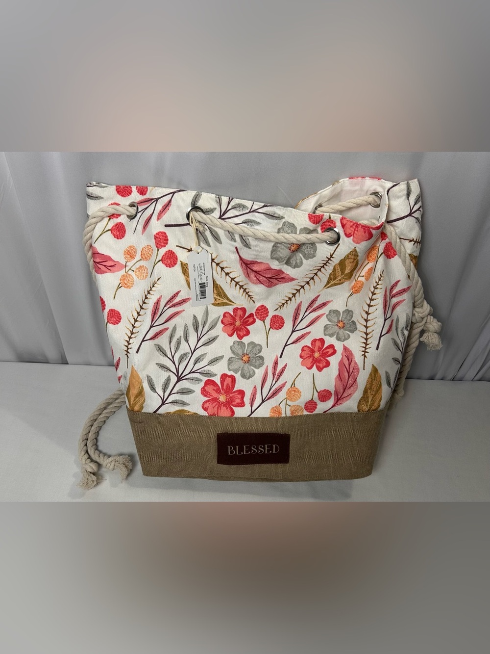 'Blessed' Floral Canvas Tote Bag in Pink, Gray & Tan Accent